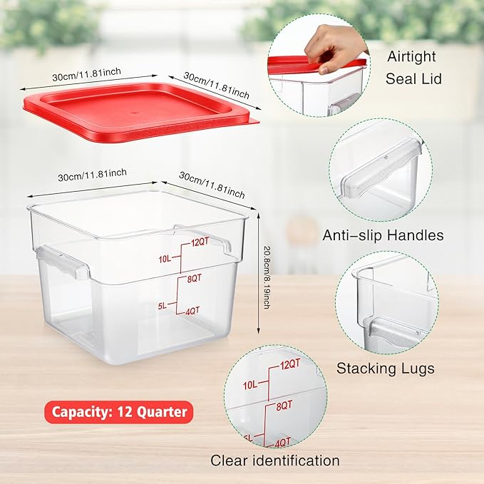Suclain 2 Pcs Square Food Storage Container Polycarbonate Clear Food Container with Lid Commercial Rice Storage with Graduations for Commercial Kitchen(12 Qt,Red)
