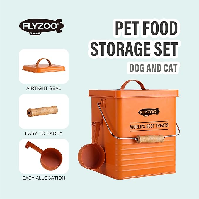 Dog and Cat Food Metal Storage Container Set, Farmhouse Pet Food Storage Containers with Lid and Dry Food Scoop (Orange)