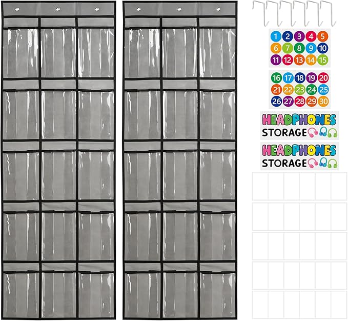 2 Pack Classroom Headphone Storage Organizer with 30 Pockets, PVC Clear Classroom Pocket Chart for Headphone Cell Phone Over-the-Door Hanging Headphone Holder Bag with 62 Labels(Grey)