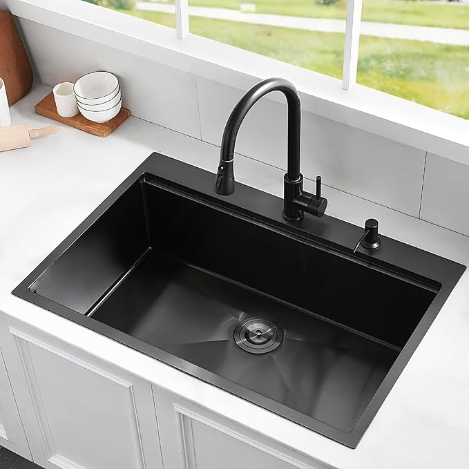 33 Inch Black Kitchen Sink Drop in - 33"x22" Topmount Ledge Workstation Sink 9 Inch Deep 16 Gauge Stainless Steel Single Bowl Sink with Accessories