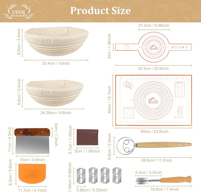 UDUK Bread Proofing Basket Set with 10" Round and 9.6" Round Banneton Baskets, Silicone Bread Sling Baking Mat, Whisk Cutter Scraper Lame - Sourdough Bread Baking Supplies Ideal Sourdough Starter Kit