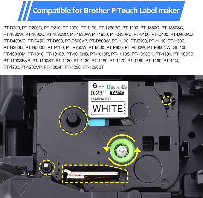 10 Pack Compatible for Brother P-Touch Label Maker Tape TZ-211 TZe-211 TZe211 TZ211 Black on White 6mm TZe TZ Tape 0.23'' 1/4 inch Laminated Label for PT-D210 H110 H100 D400 D600 D200 P700