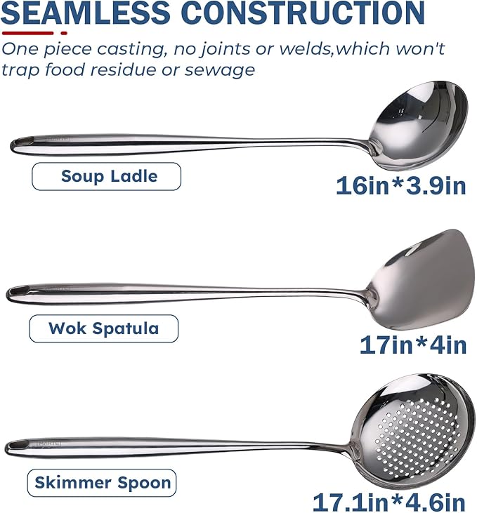Wok Spatula and Ladle,Skimmer Slotted Spoon Set - Mirror Polished Asian Wok Cooking Tools - 18/10 Stainless Steel Wide Wok Spatula - Wok Utensils Set Professional