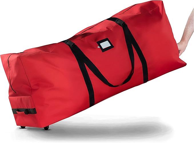 ZOBER 600D Oxford Fabric Large Rolling Christmas Tree Storage Bag - Fits 9 Ft Artificial Trees - Waterproof Christmas Tree Bag For Storage Box For Xmas, Durable Handles and Wheels - Card Slot - Red