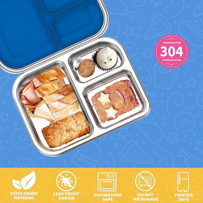 Stainless Steel Bento Box for Kids 1000ml - 3 Compartment Lunch Box for Adults, Leakproof Food Container, BPA-Free Metal Lunch Box with Silicone Seal, Eco-Friendly/Dishwasher Safe (Blue)