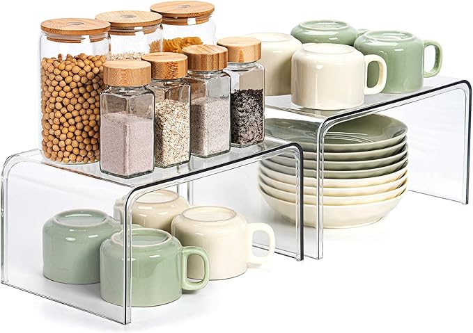 Clear Cabinet Organizer, Shelf Organizer Set of 2 for Kitchen Pantry Organizers and Storage, Display Cabinet Shelf Room Decor Countertop Desk Shelves, Patented Spice Organization for Cabinet