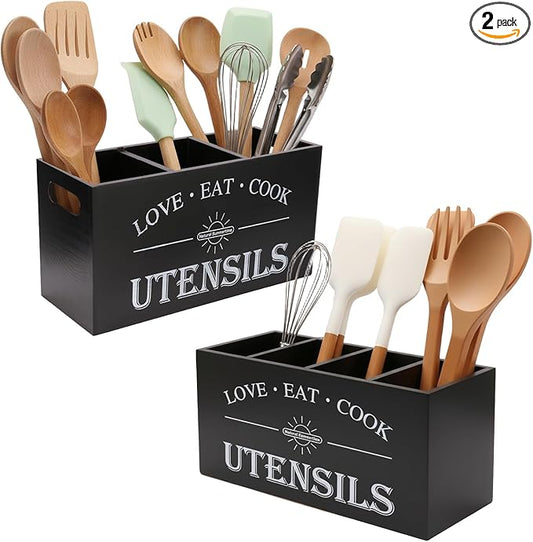 Natural Summertime 2 PC Wooden Utensil Holder,（With 4-Compartments size*1 + 3-Compartments size*1） Extra Large Kitchen Counter,Cooking Spatula Organizer,Farmhouse Decor, Rustic Cooking Utensil
