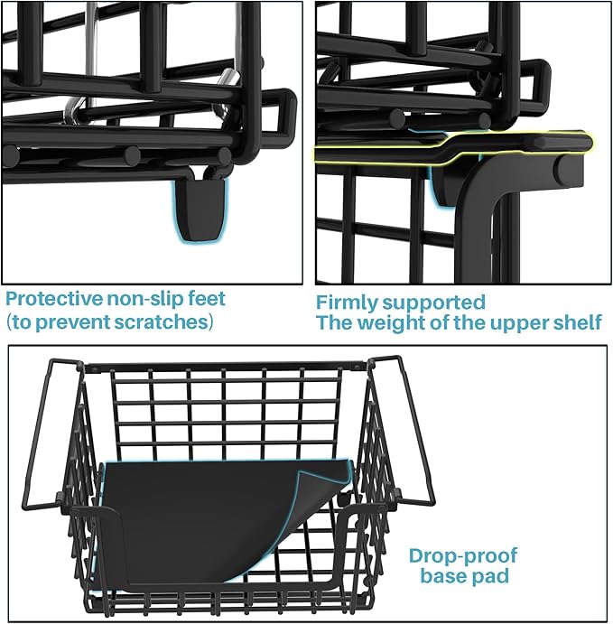 2 Pack Stackable Metal Wire Vegetable Fruit Basket for Kitchen Counter Cabinet, Pantry Organizers and Storage Basket, Food Can Snack Onion Potato Bread Storage Shelf Freezer Organizer Bins Black