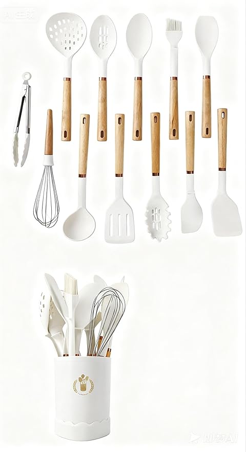 Jiufei Home Silicone Cooking Utensils Set, Kitchen Utensils Set 13 Pcs for cooking, BPA Free Spatula Set with Heat Resistant Wood Handles for Nonstick Cookware (White)