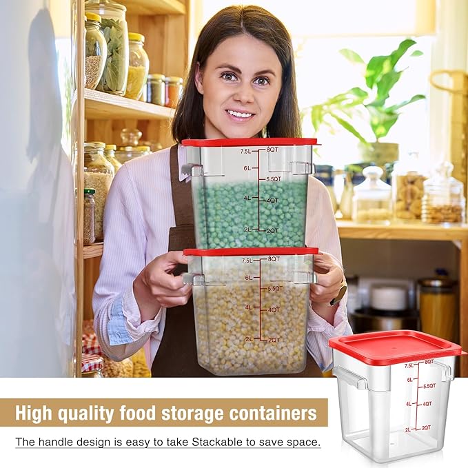 Suclain 2 Pcs Square Food Storage Container Polycarbonate Clear Food Container with Lid Commercial Rice Storage with Graduations for Commercial Kitchen(8 Qt,Red)