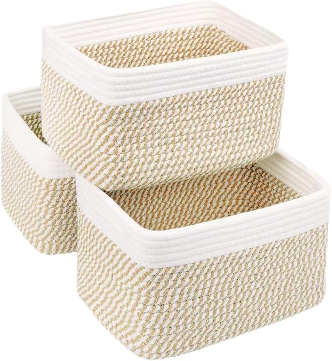 R RUNKA Small Cotton Rope Basket – Storage Bin for Organizing (10.6" x 6.7" x 6.7"), Bathroom Storage Basket for Shelf, Counter & Closet（White & Mixed Camel）