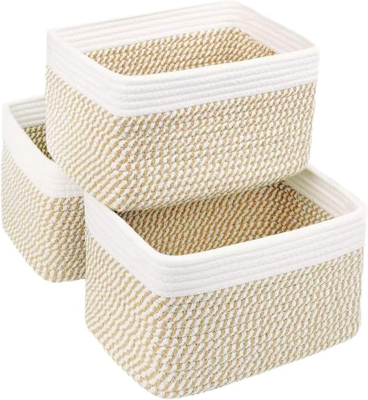 R RUNKA Small Cotton Rope Basket – Storage Bin for Organizing (10.6" x 6.7" x 6.7"), Bathroom Storage Basket for Shelf, Counter & Closet（White & Mixed Camel）