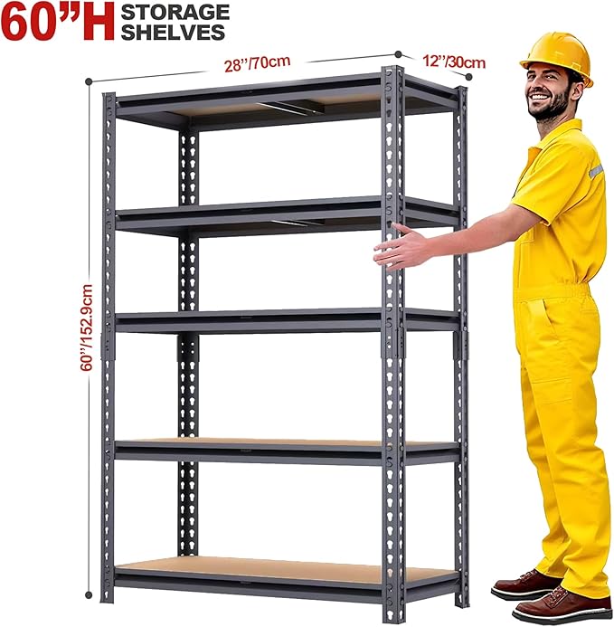5-Tier Garage Storage Shelves, Heavy Duty Adjustable Shelving Unit, 60"H Garage Rack with 2400lbs Capacity, Metal Utility Shelves for Warehouse, Basement, Pantry, Tool Room, Home Organization