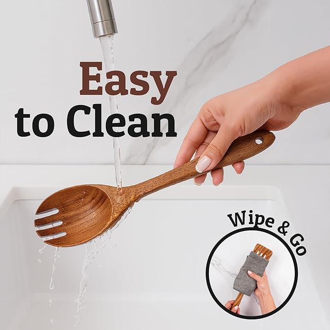 Priority Chef Wooden Salad Server Fork – Single Teak Salad Serving Utensil for Tossing and Serving Greens, Pasta & Sides – Durable, Nonstick-Safe Kitchen Tool