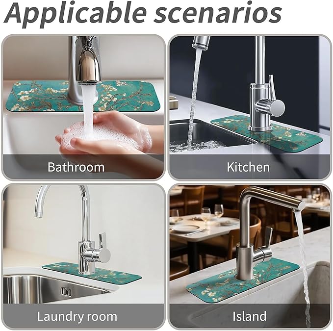 Kitchen Sink Splash Guard，Blossoming apricot flowers Faucet Mat Sink Gadgets-Super Absorbent Fast Drying Mat Drip Catcher for Kitchen, Bathroom,Sink Mat, Dish Drying Mat, Bathroom(15" X 5.5" )