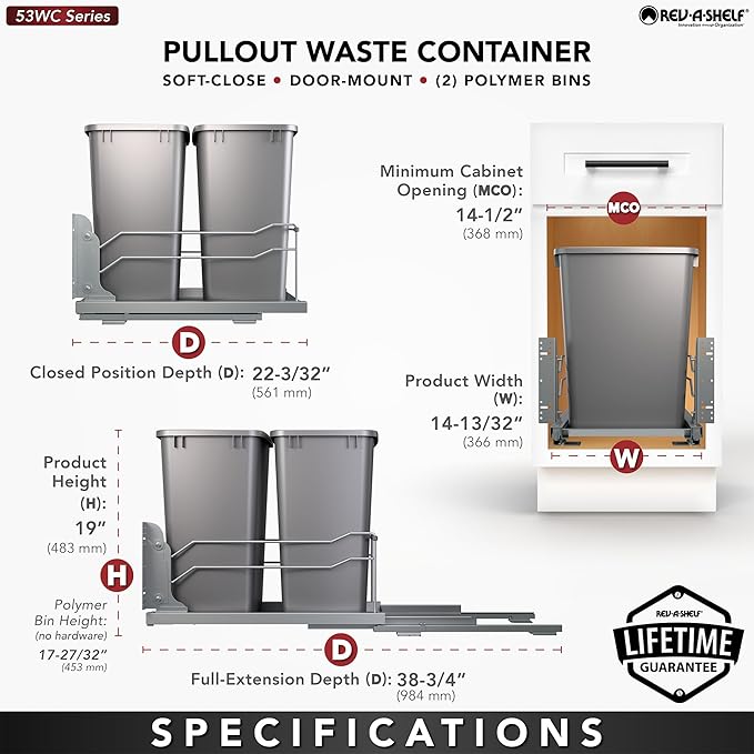 Rev-A-Shelf Double Pullout for Under Kitchen Cabinets 35 Quart 8.75 Gallon with Soft-Close Slides, Metallic Silver, 53WC-1835SCDM-217