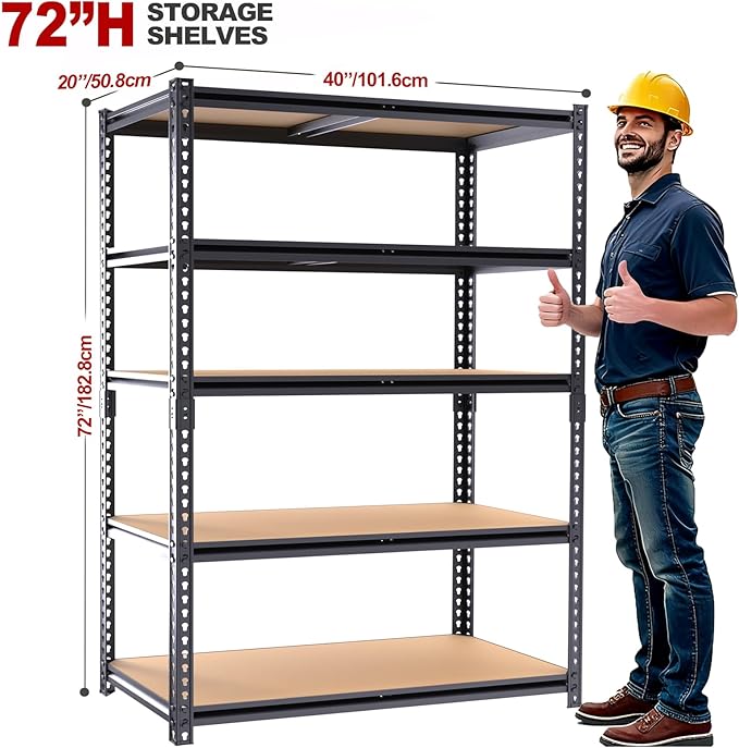 Garage Shelving Unit,40''W Black Storage Shelf,5 Tier Storage Racks and Shelving, Shelves Units Free Standing, Heavy Duty Metal Adjustable Shelves for Kitchen/Tool/Office (20''Dx40''Wx72''H)