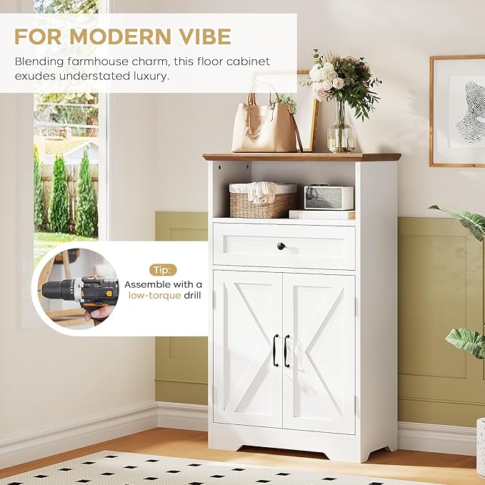 Viroformo Floor Cabinet, Farmhouse Storage Cabinet with Barn Doors and Drawer, 11.81" D x 23.62" W x 39.37" H White Freestanding Adjustable Shelf Organizer for Bathroom, Kitchen, Living Room