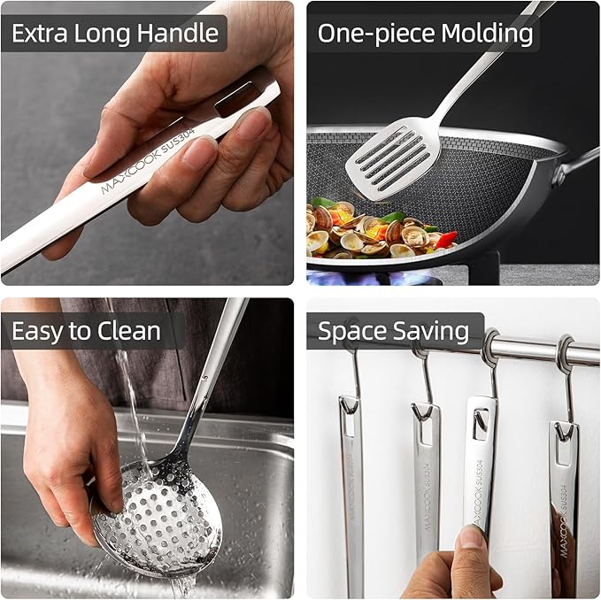 MAXCOOK 18/8 Stainless Steel Cooking Utensil set, 8 Pieces Metal Kitchen Utensils set, Slotted Spoon,Meat Fork,Ladle,Skimmer,Spatula,Spaghetti Server,Large Spoon,Masher (Dishwasher Safe, Silver)