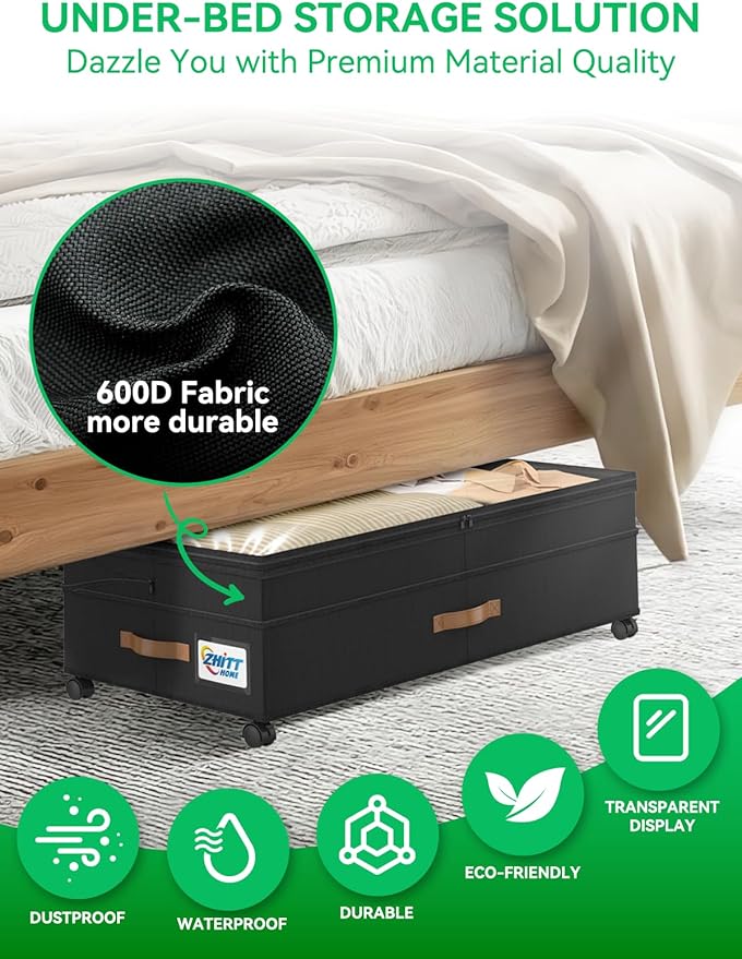 Under Bed Storage with Wheels, 2-Pack Upgraded Scalable Under Bed Storage Containers with Transparent Lids, Underbed Storage Organizer Rolling Bins for Shoes Clothes Sheet - Expandable Max