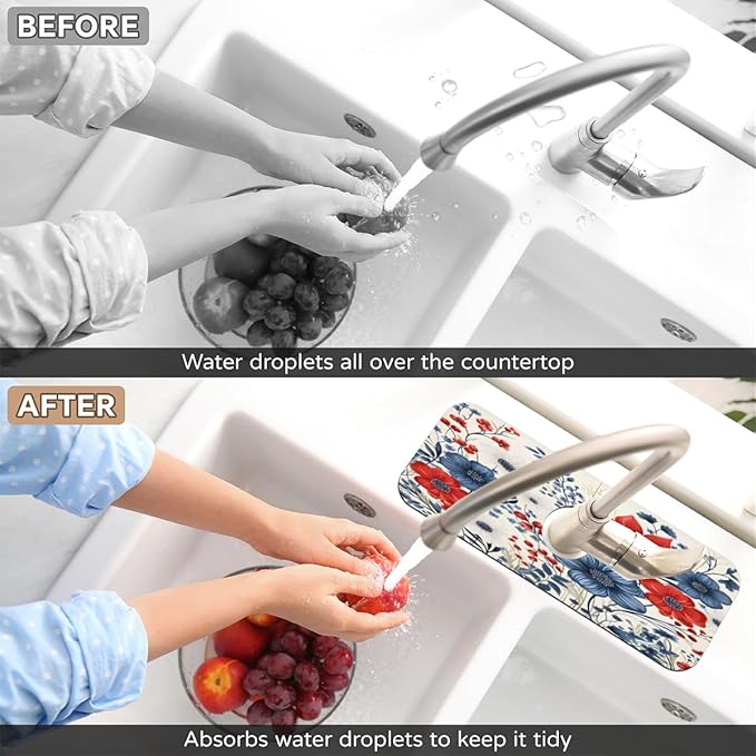 Patriotic Bloom Burst Kitchen Faucet Mat Splash Guard, 15.4”x5.7” Absorbent Quick Drying Sink Mat for Countertop Protection, Draining Mat Sink Protectors For Kitchen Bathroom, 1 Pack