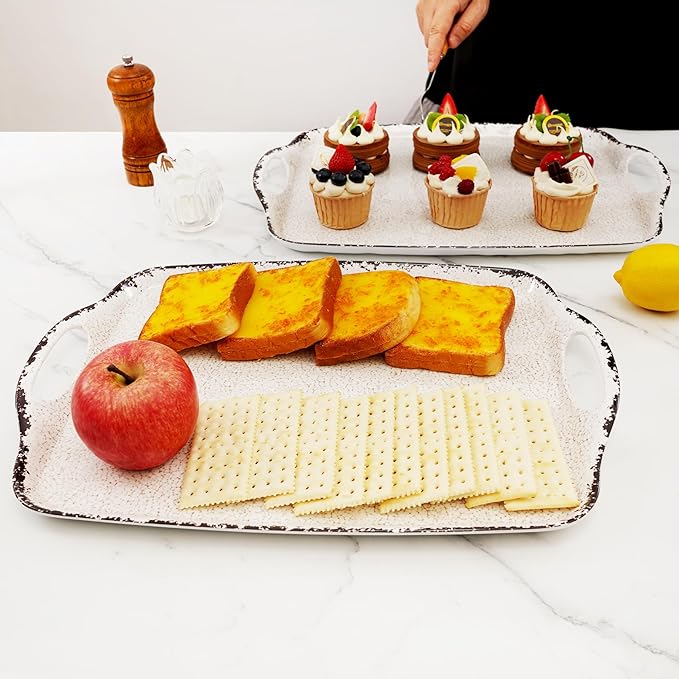 TP Large Serving Trays with Handles, 19" x 12" Melamine Serving Platters for Food, Turkey, Set of 2 Rectangular Trays for Party, Rustic White