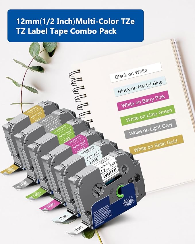 Labelwell 6-Pack 12mm 0.47 Laminated Multi Color Compatible for TZe-231 TZe231 MQ531 MQP35 MQG35 MQL35 MQ835 TZ Tape for P Touch PT-H110 D210 D220 D400, White/Blue/Blue/Green/Sliver/Gold