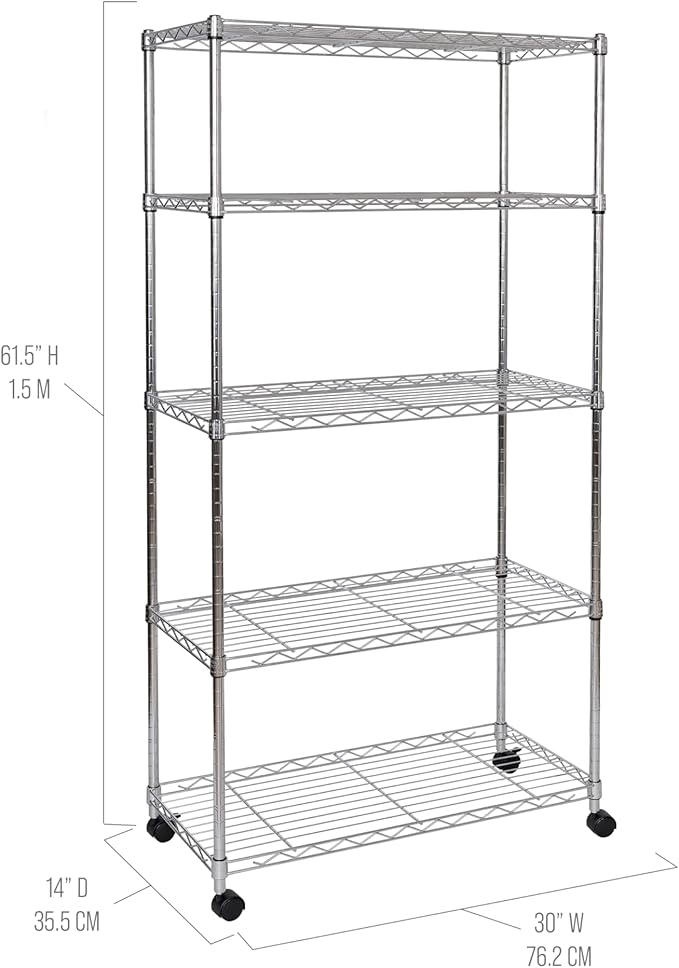 Seville Classics 5-Tier Wire Shelving with Wheels, 5-Tier, 30"" W x 14"" D (NEW MODEL), Chrome Plating, Plated Steel