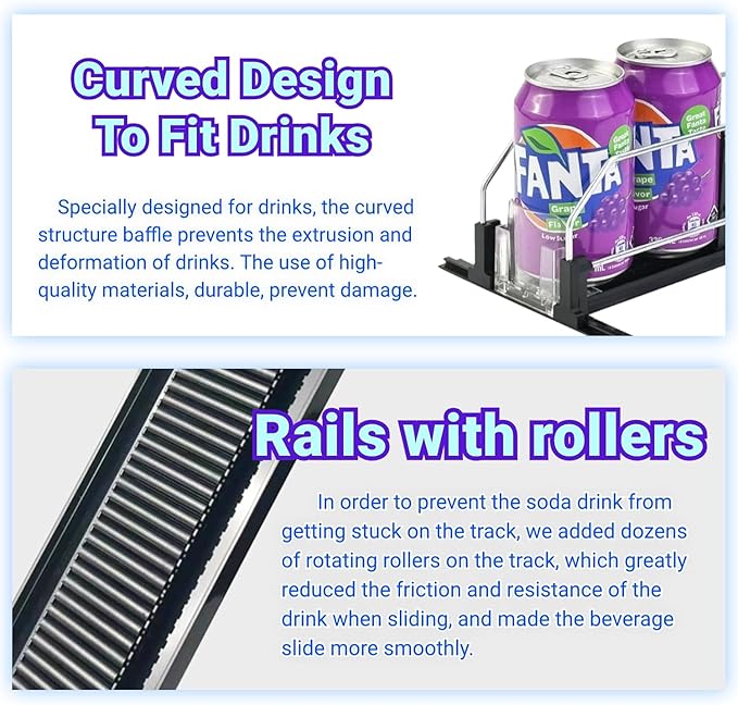 Drink Organizer for Fridge,12oz 16oz 20oz - Soda Can Dispenser for Refrigerator,Width Adjustable,Automatic Pusher Glide (Black, 15"D 5ROW, Holds 25 Cans)