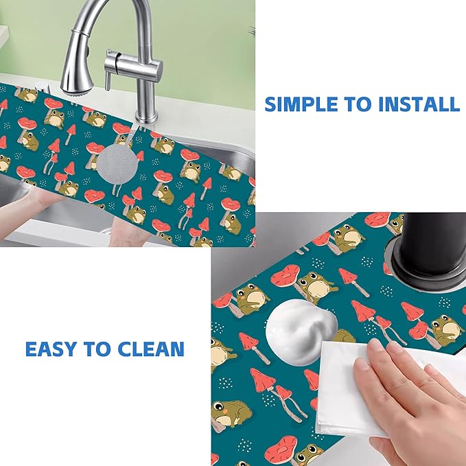Cute Frog and Mushrooms Dish Drying Mat for Kitchen Sink Splash Guard Behind Faucet Sink Mat Absorbent Fast Drying Faucet Draining Mat for Bathroom Kitchen 5.5"×24"