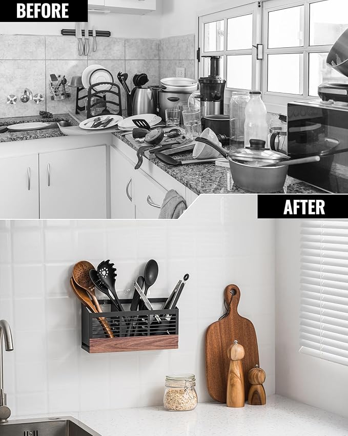 awesohome Utensil Holder for Kitchen Counter, Cooking Utensil Holder with Stone Drying Mat for Storage Spatula, Ladle, Scoop in Farmhouse Countertop with Wooden Pattern Printed, Matte Black