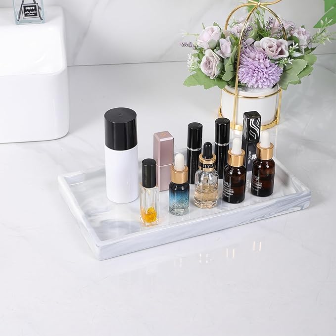 Eyrozia Bathroom Vanity Tray - 11'' Ceramic Rectangle Countertop Tray, Heavy-Duty Perfume Organizer Plate, Jewelry Ring Tray, Kitchen Soap Dispenser Stone Trays, Marble White