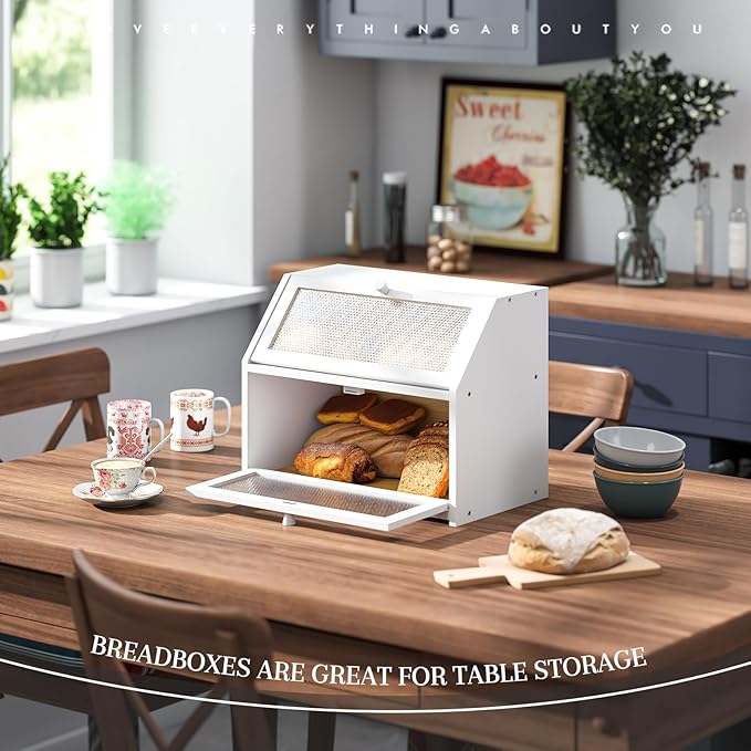 STDDRE Bread Box for Kitchen Countertop Bin Double Layer Bread Box Storage Container Extra Large Capacity Farmhouse with Diamond Pattern Windows (White, Large)