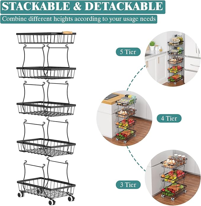 5 Tier Slim Fruit Basket for Kitchen, Stackable Wire Fruit Vegetable Storage Baskets Organizer Stand on Wheels, Metal Produce Basket Potato Onion Storage Bins Rack for Pantry, Black