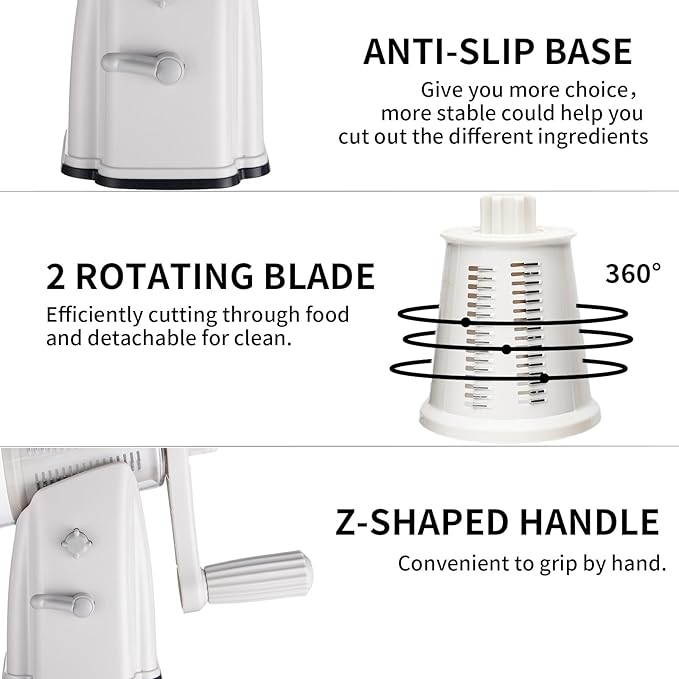 ChinKc Upgrade Rotary Cheese Grater Shredder with Handle, Strong Suction Base, Multi-purpose Rotary Grater Slicer with 5 Interchangeable Blades for Ice, Vegetables, Fruit, Nuts with Blade Storage Box
