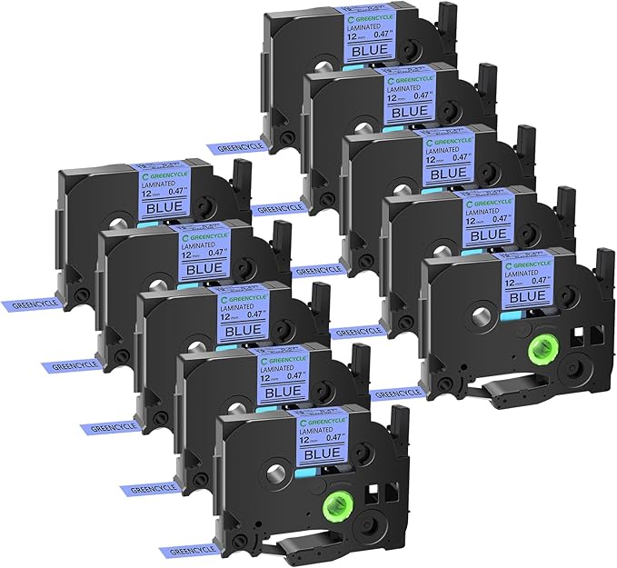 GREENCYCLE 10 Pack Compatible for Ptouch TZe-531 AZE 531 TZ531 TZ-531 1/2" 12mm 0.47 inch Laminated Black on Blue TZ TZe Label Tapes Used in PTH110 PT-D200 PTD600 D400 Label Makers