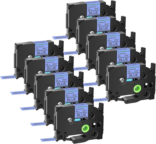 GREENCYCLE 10 Pack Compatible for Ptouch TZe-531 AZE 531 TZ531 TZ-531 1/2" 12mm 0.47 inch Laminated Black on Blue TZ TZe Label Tapes Used in PTH110 PT-D200 PTD600 D400 Label Makers