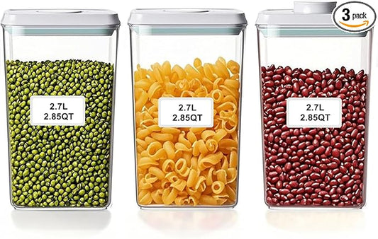 Airtight Food Storage Containers with Lids Airtight Pop Up Containers with Labels Pasta Organizer for Kitchen Pantry Cereal Snack Flour Sugar Coffee, 2700ml / 2.85qt