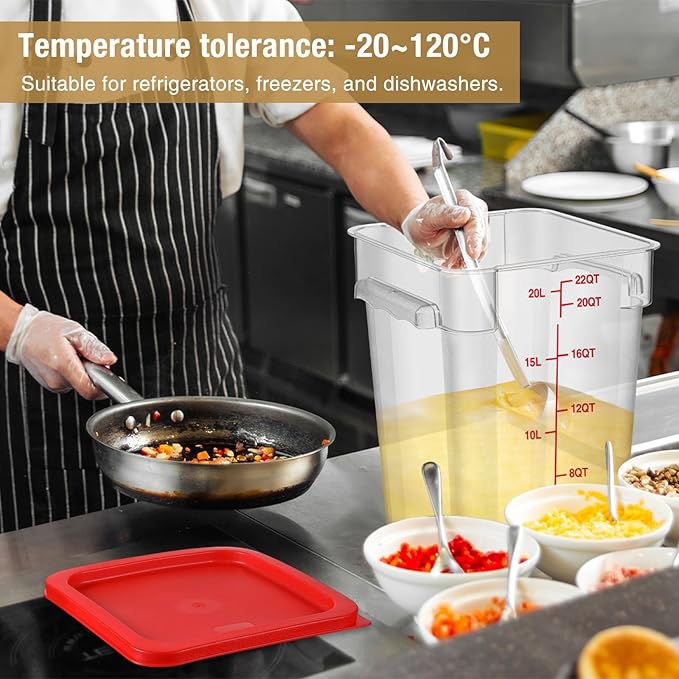 Suclain 2 Pcs Square Food Storage Container Polycarbonate Clear Food Container with Lid Commercial Rice Storage with Graduations for Commercial Kitchen(22 Qt,Red)