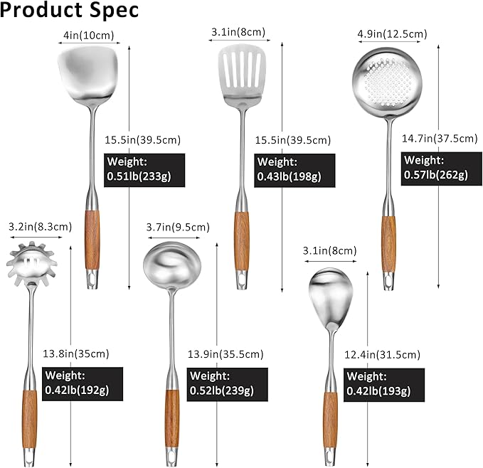 18/10 Stainless Steel Kitchen Utensils Set 6 Pcs Metal Cooking Utensil with Wood Handle, 15.5” Long Spatula, Soup spoon, Leaking shovel, Spaghetti Spoon Kitchen Tools Set (Wood handle - 6 Piece)