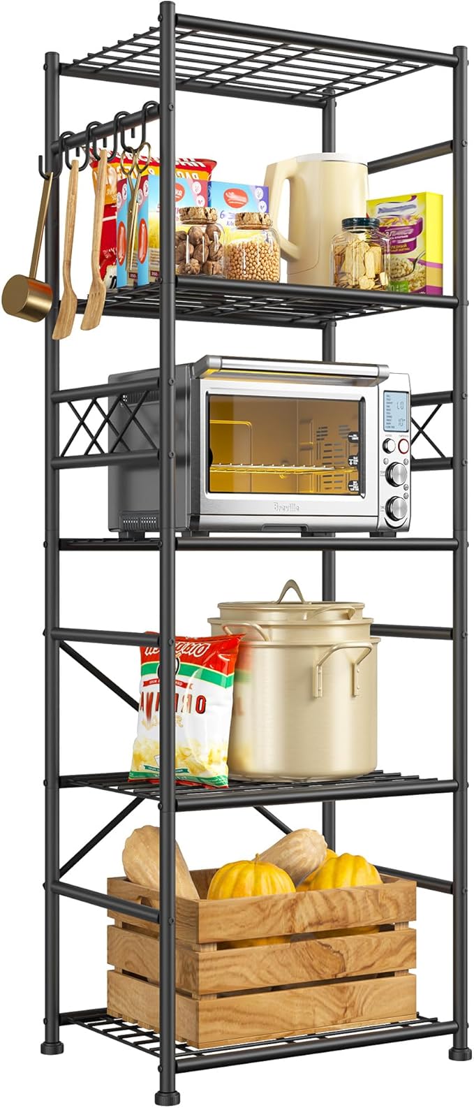 5-Tier Storage Shelves,Sturdy Metal Shelving Unit with Hooks,Wobble-Free Storage Rack with Leveling Feet,Slim Standing Shelf Organizer for Garage Kitchen Pantry,17.7”W×11.8”D ×58.3”H,Black