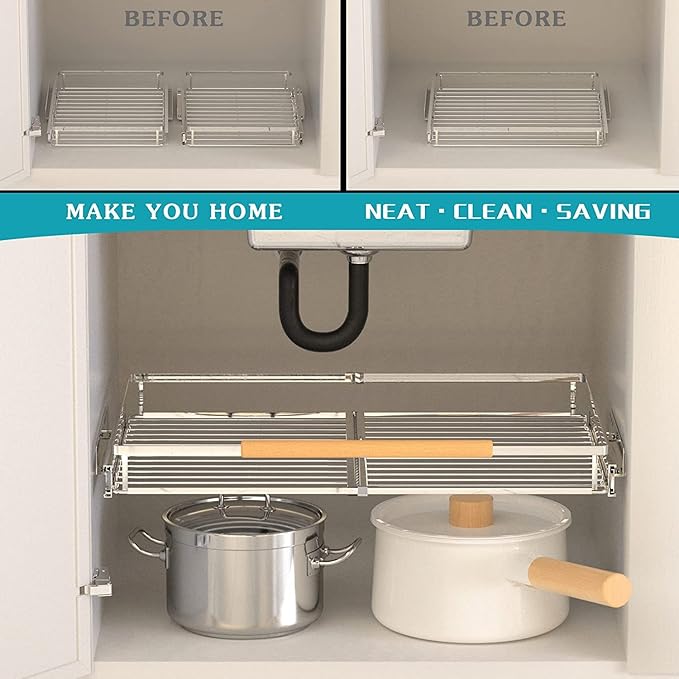 MIYUPTC Pull Out Cabinet Shelf, Slide Out Cabinet Organizer Heavy Duty Under Sink, Anti Rust Kitchen Organizer Basket, Smooth Roll Expandable Sliding Drawer, 2 Pack Chrome 15.9''-26.2''
