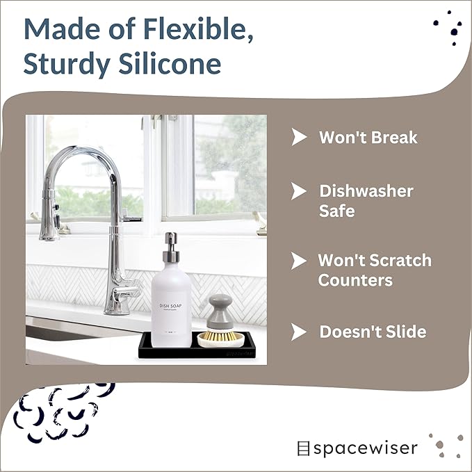 Spacewiser Countertop and Vanity Tray – Small 7.7” Silicone Tray, Soap Dispenser Trays, Bathroom Trays, Kitchen Soap Holder Sink Organizer Counter Caddy for Soaps Bottle Keys, Sponge Holder Dish Black