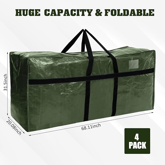 Windyun 4 Pack 177 Gallon Extra Large Moving Bags XXL Heavy Duty Storage Bag with Strong Zipper Handle Jumbo Big Tote Box Foldable for College Dorm Travel Clothes Duffle Blanket Pillow(Army Green)