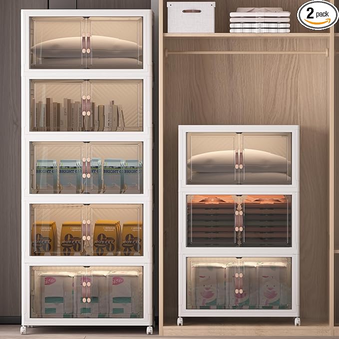 Extra Large Stackable Storage Bins with Lids & Wheels, 960QT-120QT/30GAL*8Pack Foldable Collapsible Closet Organizers Storage Cabinet with Doors for Bedroom Dorm