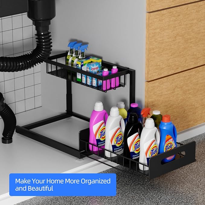 Lxmons 2-Tier Under Sink Slide Out Organizer, Pull Out Cabinet Storage Shelf with Sliding Wire Basket Drawer for Bathroom Kitchen, Countertop or Pantry Shelf, Black