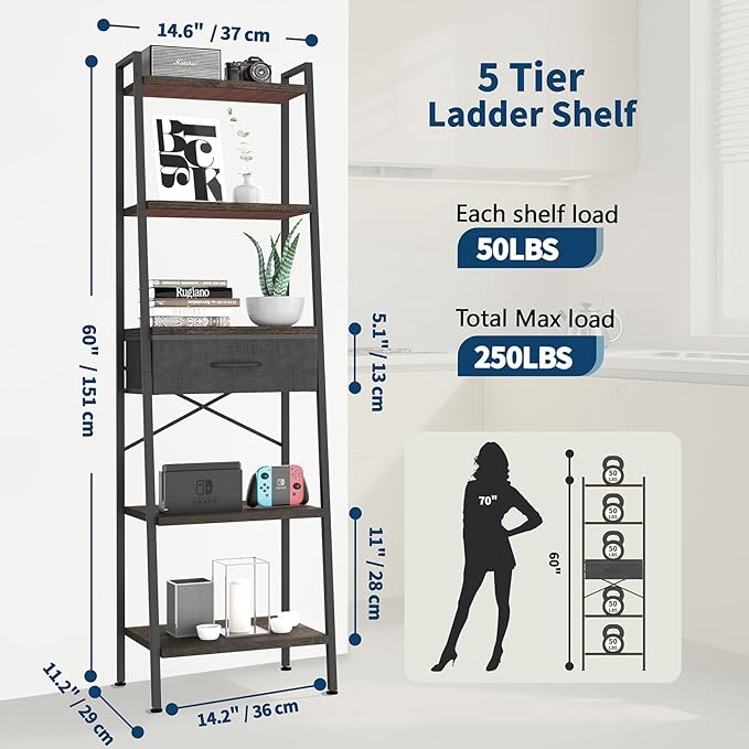 Whitmor 5-Tier Bookshelf with Drawer, Tall Narrow Bookcase with Wood Shelves & Metal Frame, Modern Display Storage Shelf for Living Room, Bedroom, Bathroom, Kitchen, Black