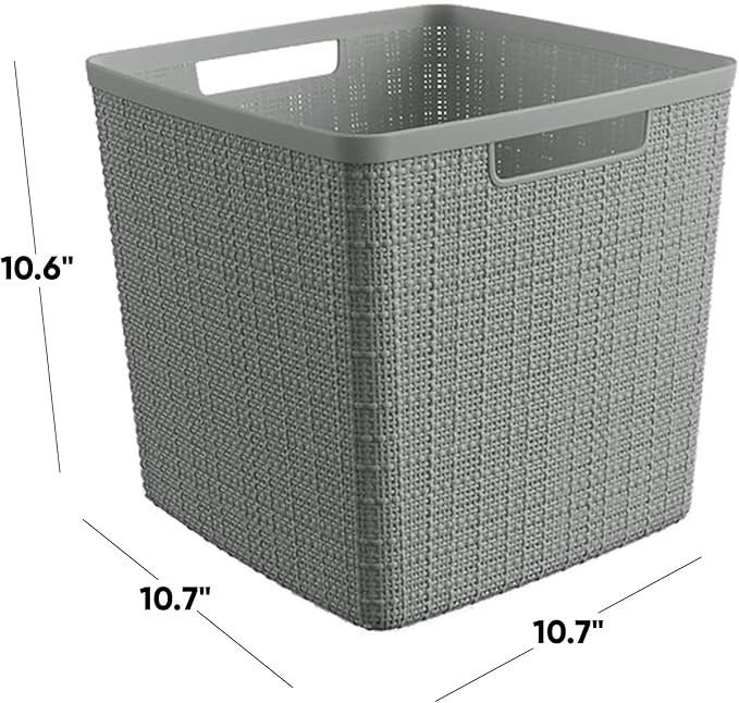 Curver Set of 4 Large Cube 17L Jute Decorative Plastic Organization and Storage Baskets - Perfect Bins for Home Office, Closet Shelves, Kitchen Pantry and All Bedroom Essentials, Grey