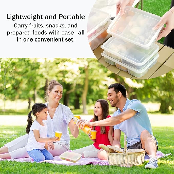 4 Pcs Reusable Food Storage Containers with Lids, Food Containers for Storing fruits, Meat, Snacks Spices、Seasonings and Vegetables.(3 Compartments)