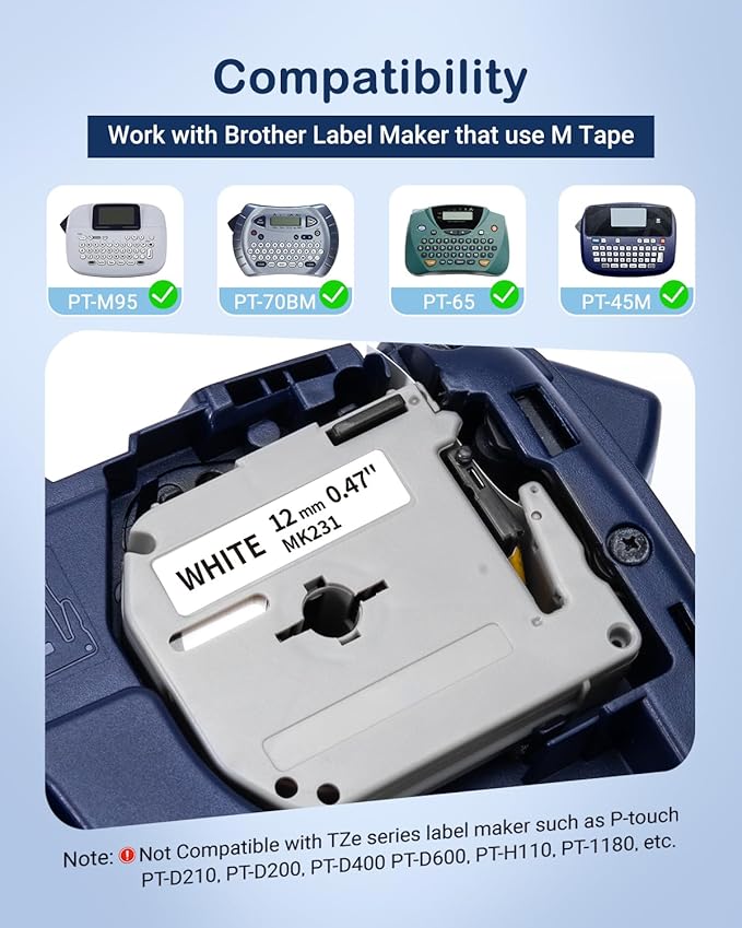 10 Pack M-K231 Label Tape Compatible with M-K231s Brother P Touch M Tape 12mm 0.47 White MK231 M231 M-231 Work for Brother PTM95 PT-M95 PT-65 PT-45 PT-80 PT-70 PT-90 Label Maker Refills